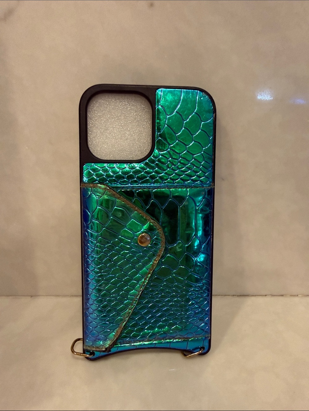 Bandolier iPhone 13 Pro Max Iridescent Green-Blue Snake-Texture Card Phone Case - Picture 1 of 4